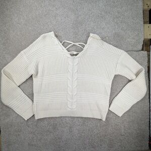 Full Circle Trends Large Cream Cropped Long Sleeve  Lace-up Pullover Sweater
